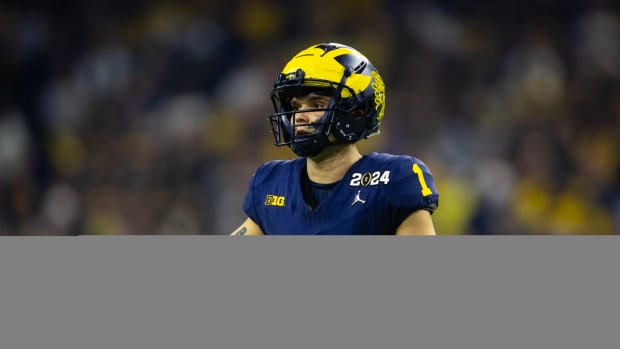 Jan 8, 2024; Houston, TX, USA; Michigan Wolverines wide receiver Roman Wilson (1) against the Washington Huskies during the 2024 College Football Playoff national championship game at NRG Stadium. Mandatory Credit: Mark J. Rebilas-USA TODAY Sports  